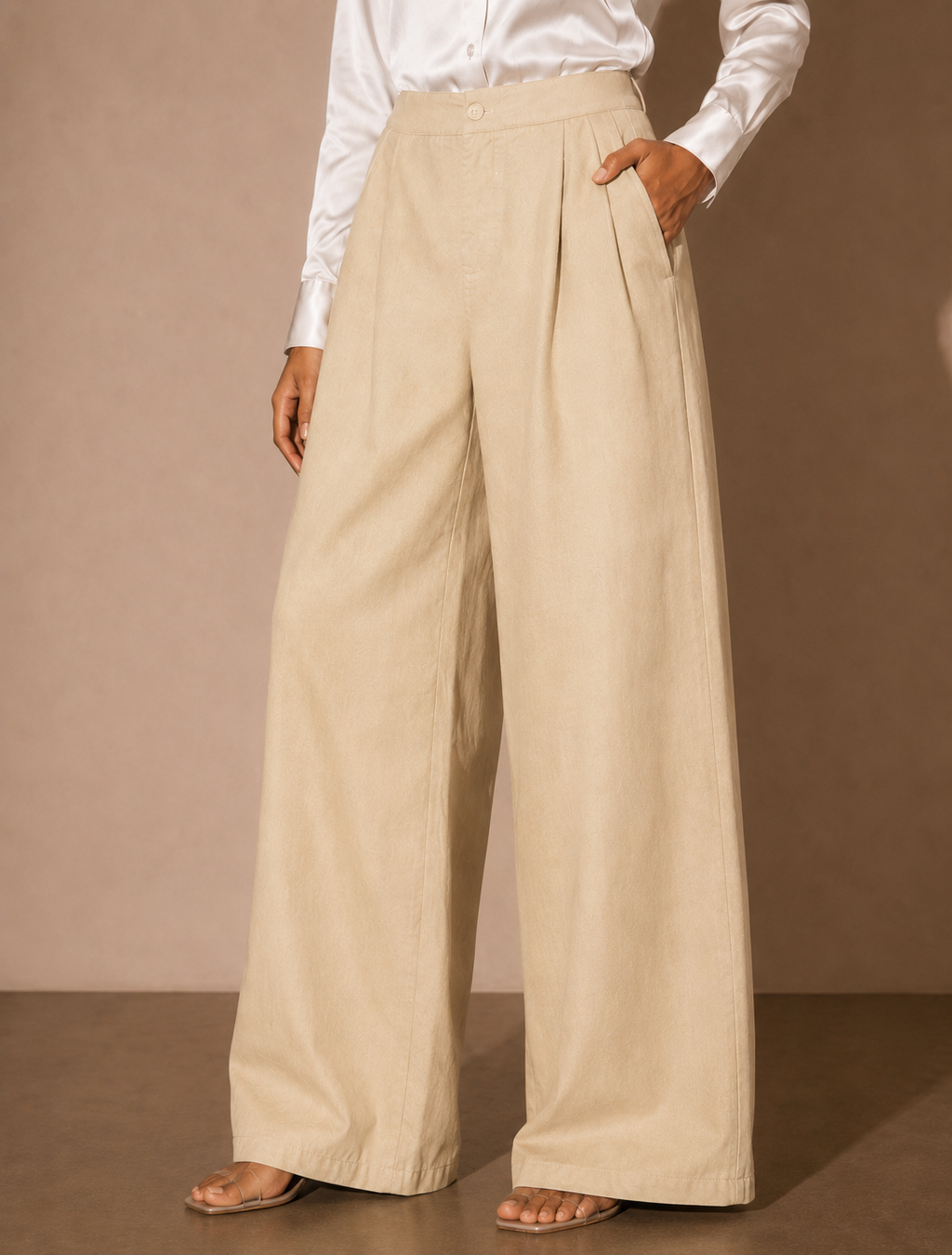 Women's Beige High-Rise Wide Leg Cotton Trousers