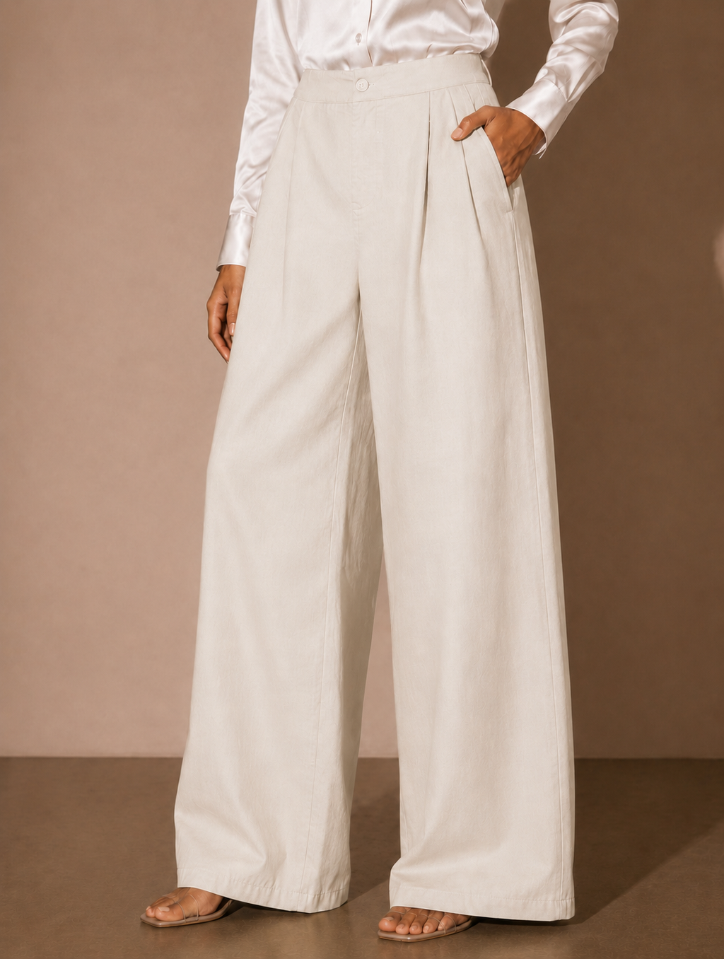 Off White High Rise Wide Leg Pleated Trousers for Women