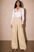 Women's Beige High-Rise Wide Leg Cotton Trousers